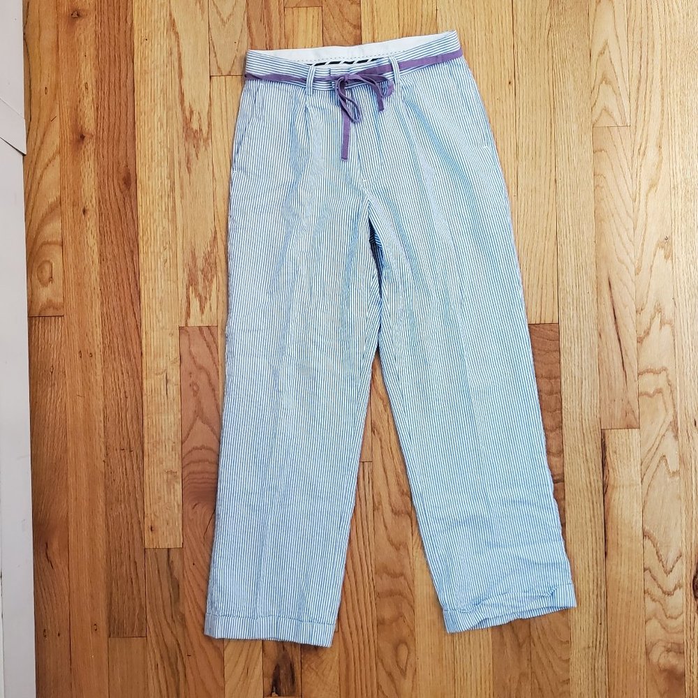 Nautica blue and white seersucker pants w/removable purple cotton webbing belt